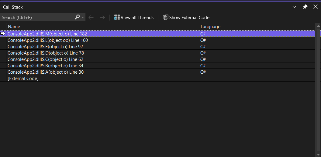 Screenshot showing the Call Stack Window.