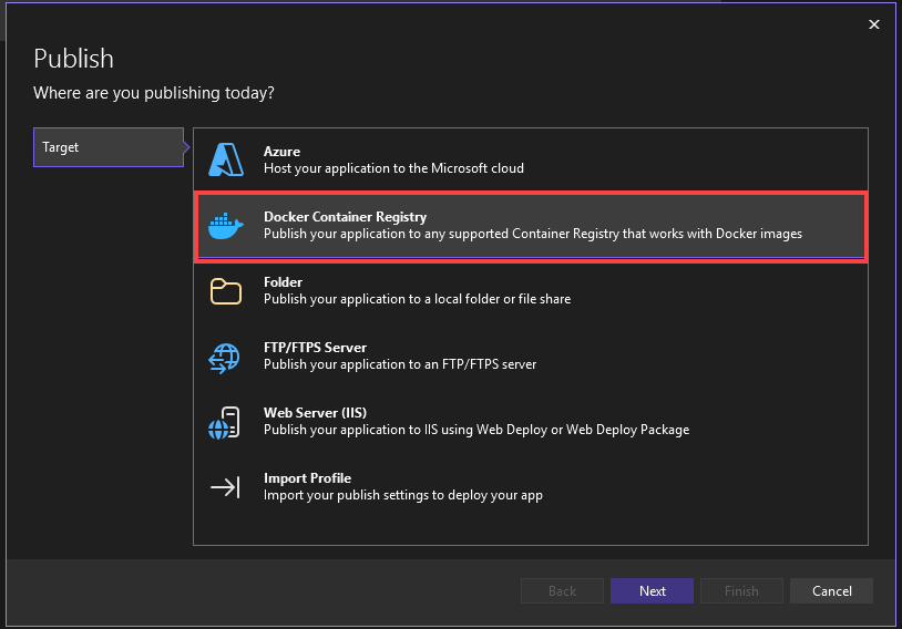 Screenshot: Veröffentlichungs-Assistent, in dem die Option „In Docker-Containerregistrierung veröffentlichen“ hervorgehoben ist.