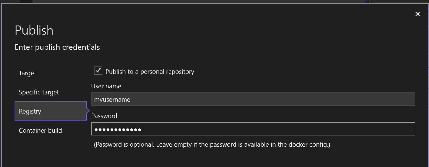 Screenshot mit der Option zum Veröffentlichen auf Docker Hub.