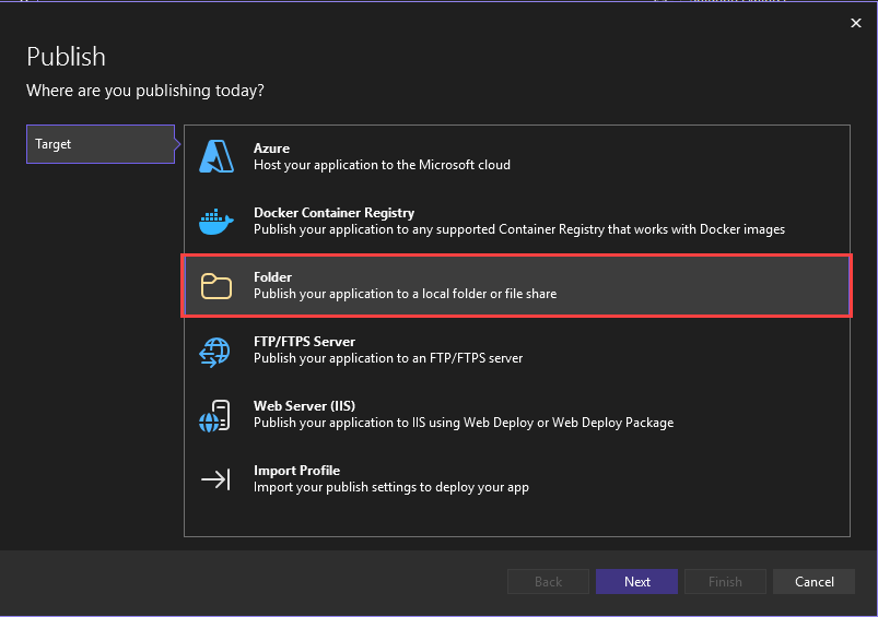Screenshot: Hervorgehobene Option zum Veröffentlichen in einem Ordner.