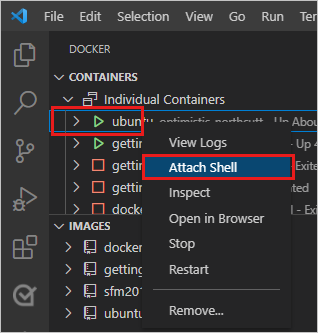 Screenshot shows the Docker extension with a container selected and a context menu with Attach Shell selected.