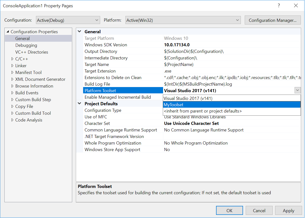 Die Eigenschaft „Plattformtoolset“ im Dialog „Eigenschaftenseiten“ des Projekts