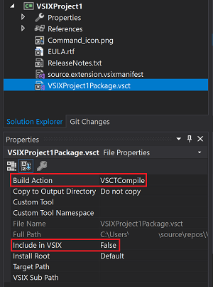 Screenshot mit ausgewählten Eigenschaften für eine V S C T-Datei.