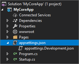 Screenshot: Ausgewählter und erweiterter Knoten „appsettings.json“ im Projektmappen-Explorer von Visual Studio