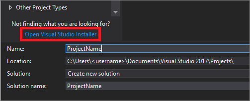 Screenshot that shows the Choose the Open Visual Studio Installer link from the New Project dialog box.