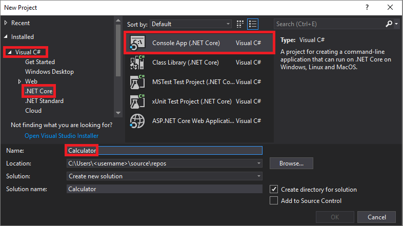 Screenshot that shows the Console App (.NET Core) project template in the New Project dialog box in the Visual Studio IDE.