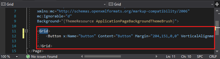 Screenshot showing the code for the newly added Button highlighted in the XAML editor.