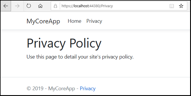 Screenshot: Seite „Privacy“ von MyCoreApp mit dem Text „Use this page to detail your site's privacy policy“