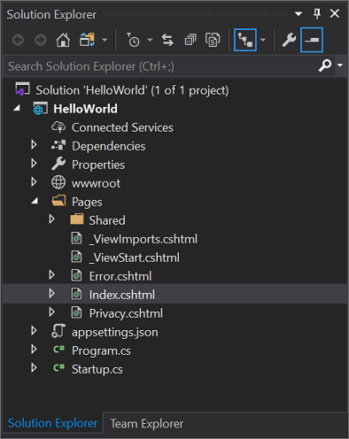 Screenshot shows Index dot c s h t m l selected under the Pages node in the Solution Explorer.