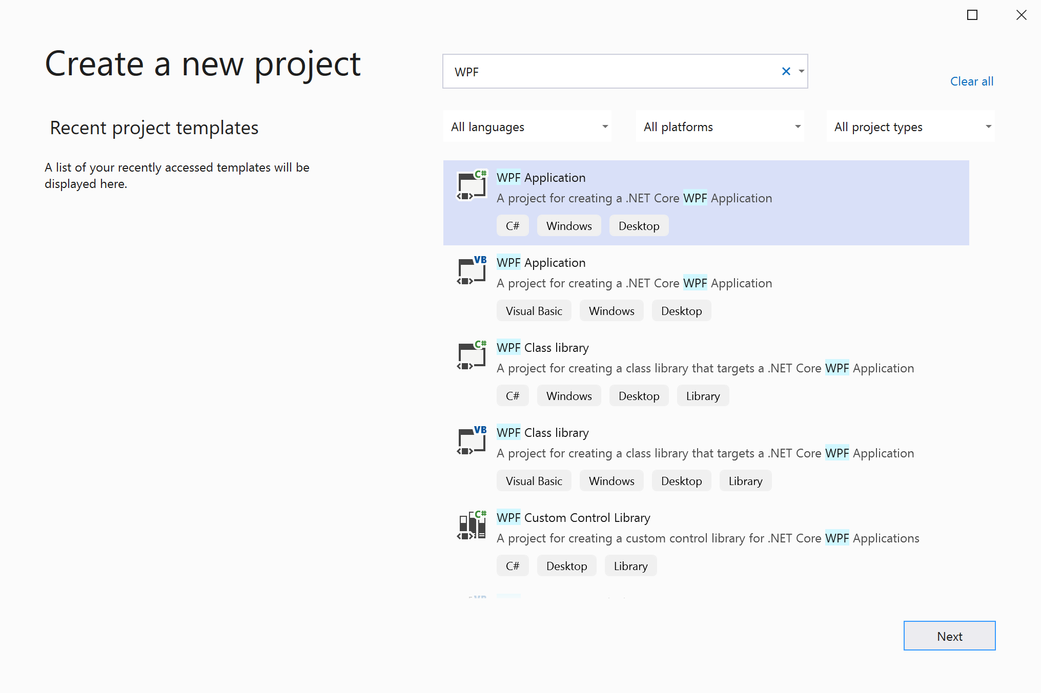 Screenshot: Dialogfeld „Neues Projekt erstellen“, in dem „WPF“ im Suchfeld eingegeben und die Projektvorlage „WPF-Anwendung“ hervorgehoben ist