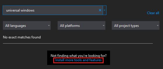 Screenshot of the Create a new project window showing the 'Install more tools and features' link.