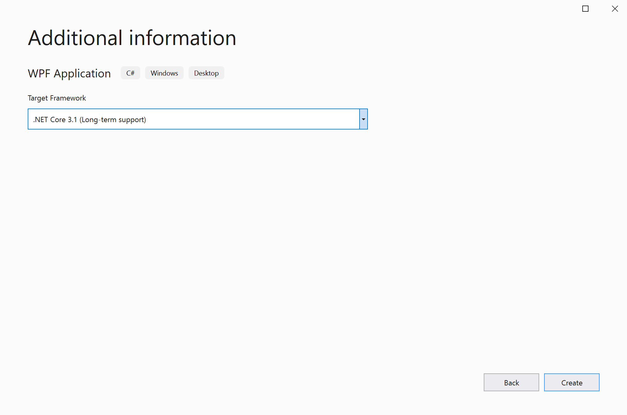 Sicherstellen, dass im Fenster „Zusätzliche Informationen“ .NET Core 3.1 ausgewählt ist