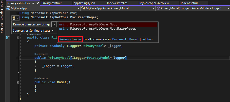 Screenshot shows the Privacy.cshtml file in the Visual Studio code editor with the Quick Actions tooltip open and Preview changes highlighted.