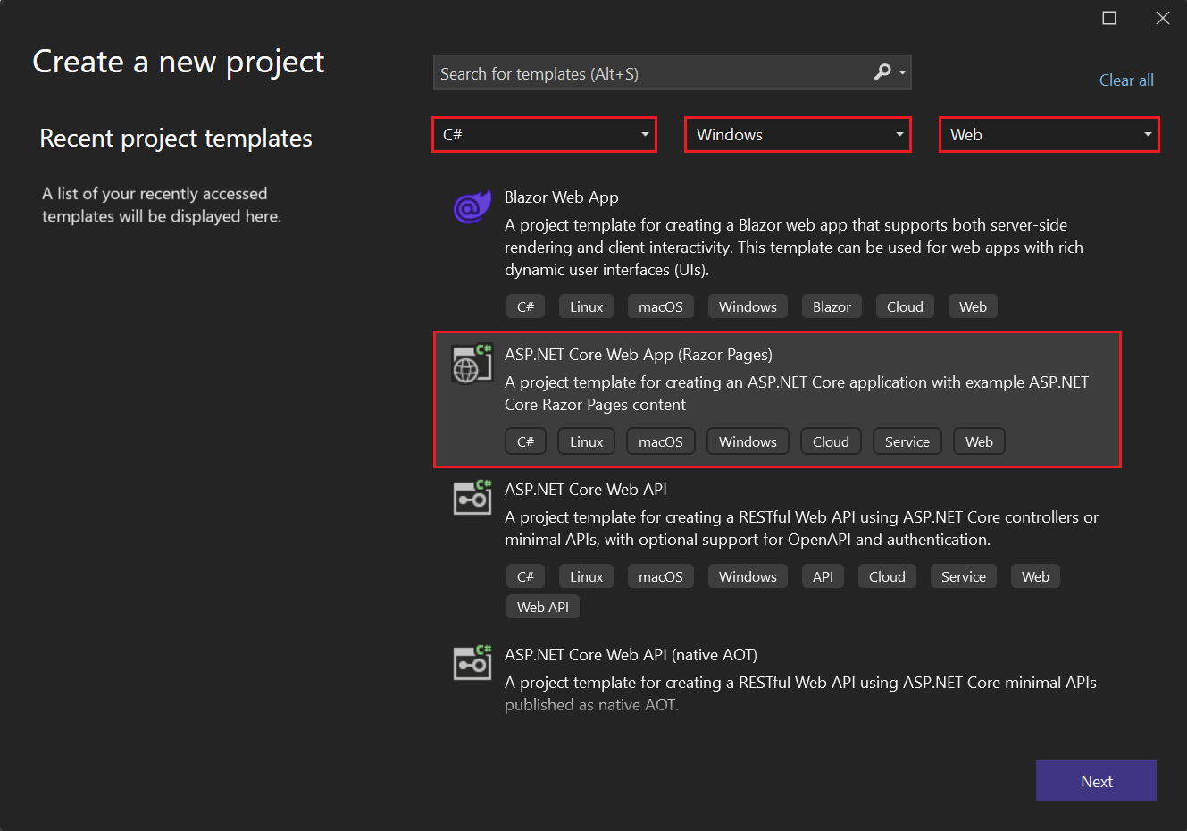Screenshot: Ausgewählte Projektvorlage „ASP.NET Core-Web-App“ mit der hervorgehobenen Seite „Neues Projekt erstellen“