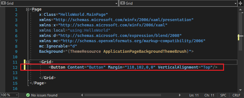 Screenshot showing the code for the newly added Button highlighted in the XAML editor.