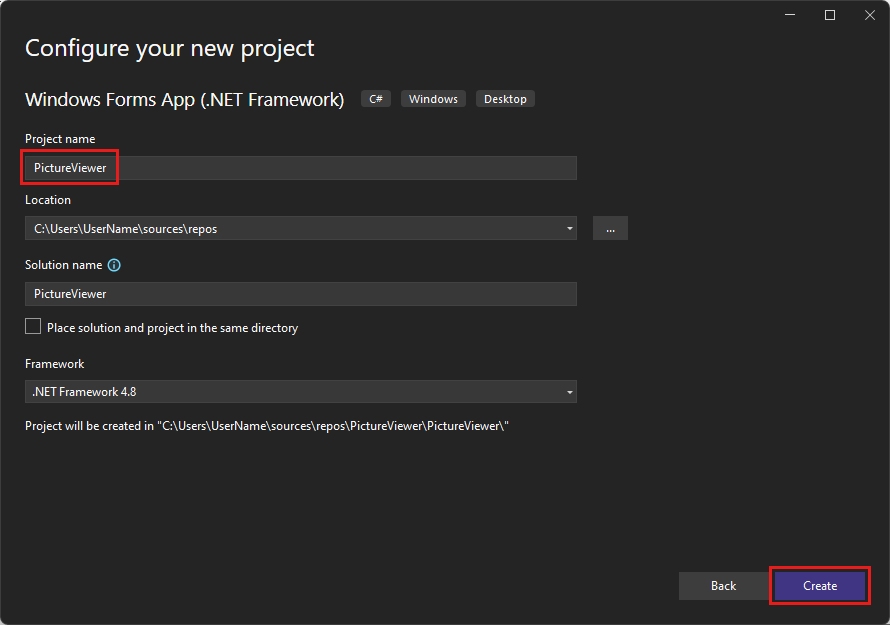Screenshot shows the Configure your new project dialog box.