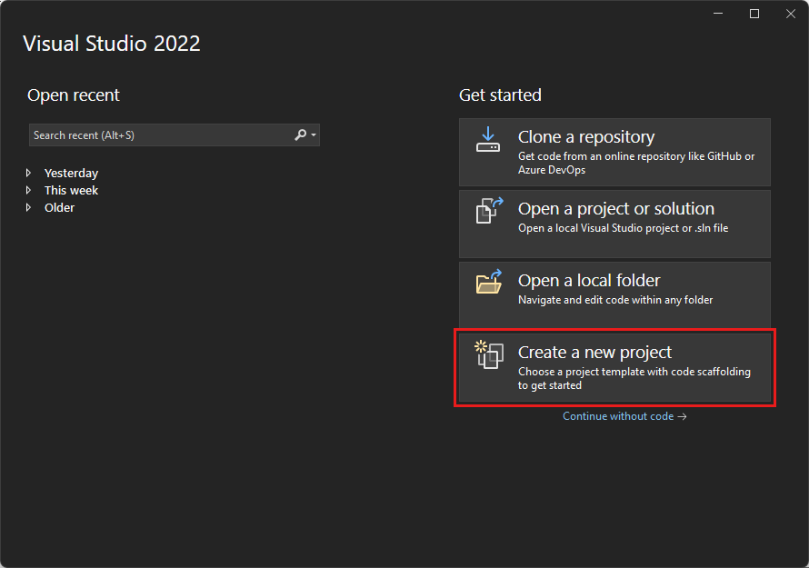 Screenshot shows the Create a new project option in the Visual Studio start window.