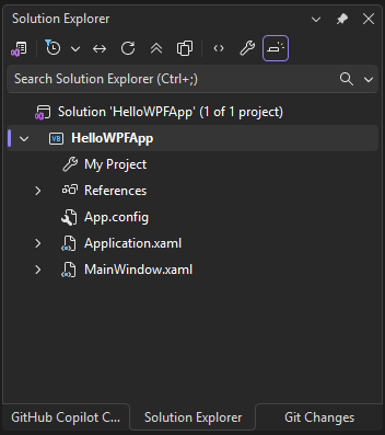 Screenshot, der die Dateien im HelloWPFApp-Projekt und der Projektmappe im Projektmappen-Explorer zeigt.