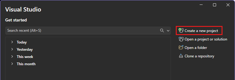 Screenshot des Startfensters in Visual Studio mit hervorgehobener Option 
