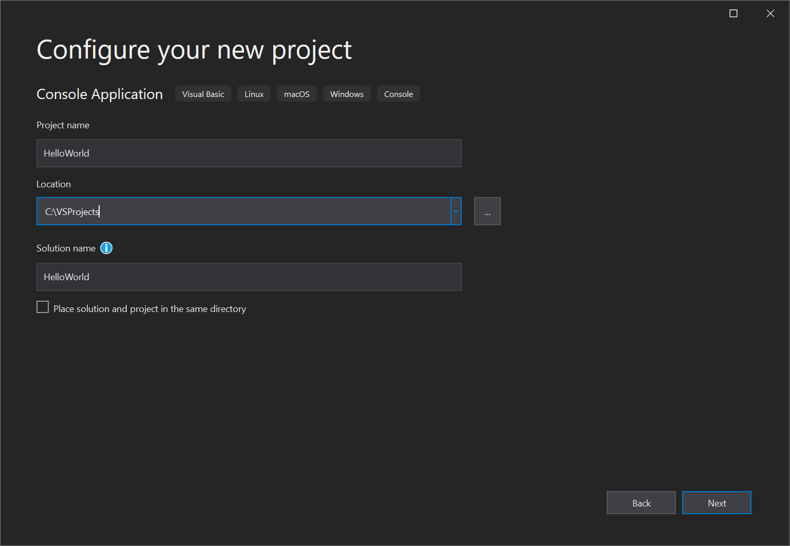 Screenshot des Dialogfelds Neues Projekt konfigurieren in Visual Studio 2019 und der festzulegenden Optionen, einschließlich Projektname und Projektspeicherort.
