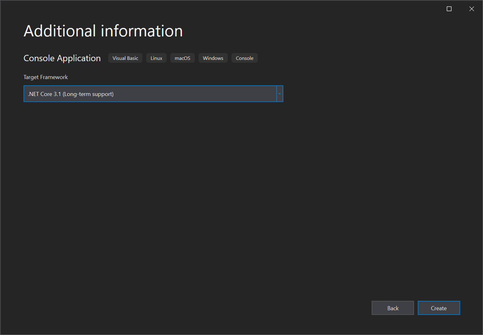 Screenshot: Fenster „Zusätzliche Informationen“ in Visual Studio 2019 zur Auswahl der gewünschten .NET Core-Frameworkversion