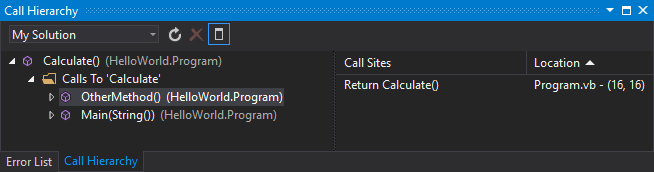 Screenshot: Fenster „Aufrufhierarchie“ in Visual Studio