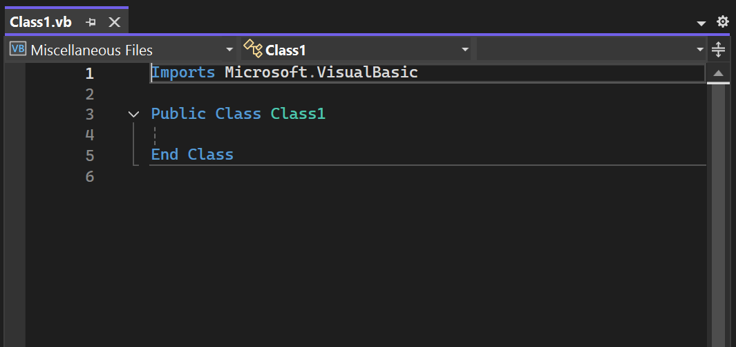 Screenshot einer neuen Visual Basic-Klassendatei im Visual Studio-Code-Editor.