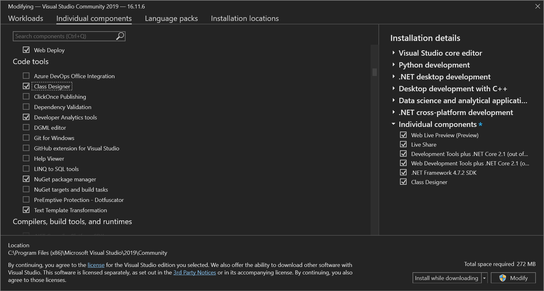 Screenshot der Klassen-Designer-Komponente im Visual Studio-Installer
