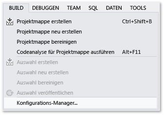 Screenshot of the Build menu, Configuration Manager command.