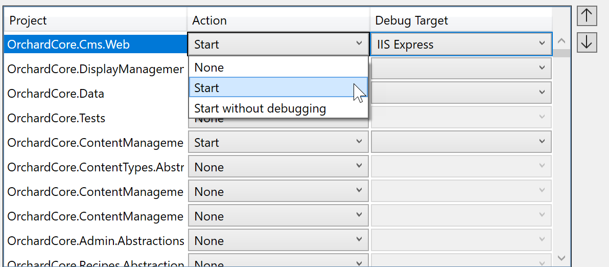 Screenshot mit den Optionen zum Starten eines Projekts.