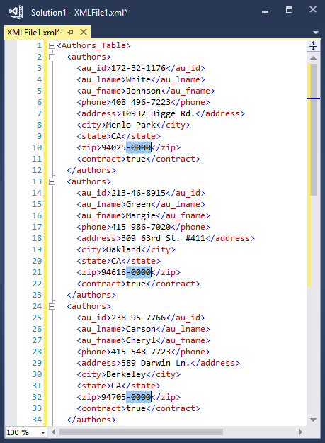 Auswählen mehrerer Caretzeichen in einer XML-Datei in Visual Studio