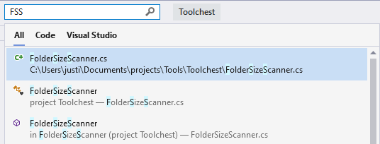 Screenshot eines Beispiels für eine Suche, die mediale Großbuchstaben in einer Textzeichenfolge in der Visual Studio-Suche verwendet.