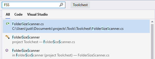 Screenshot eines Beispiels für eine Suche, bei der mediale Großbuchstaben in einer Textzeichenfolge in der Visual Studio-Suche verwendet werden.