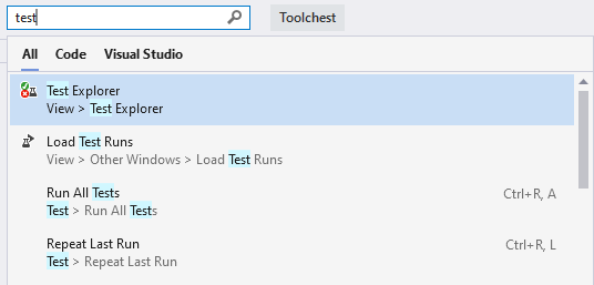 Screenshot, der ein Beispiel für eine Suche nach Visual Studio-Fenstern und -Bereichen zeigt.