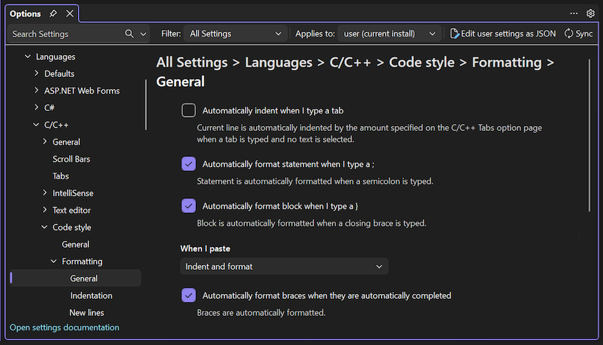 Screenshot der allgemeinen Formatierungsoptionen für den C- und C++-Codestil.