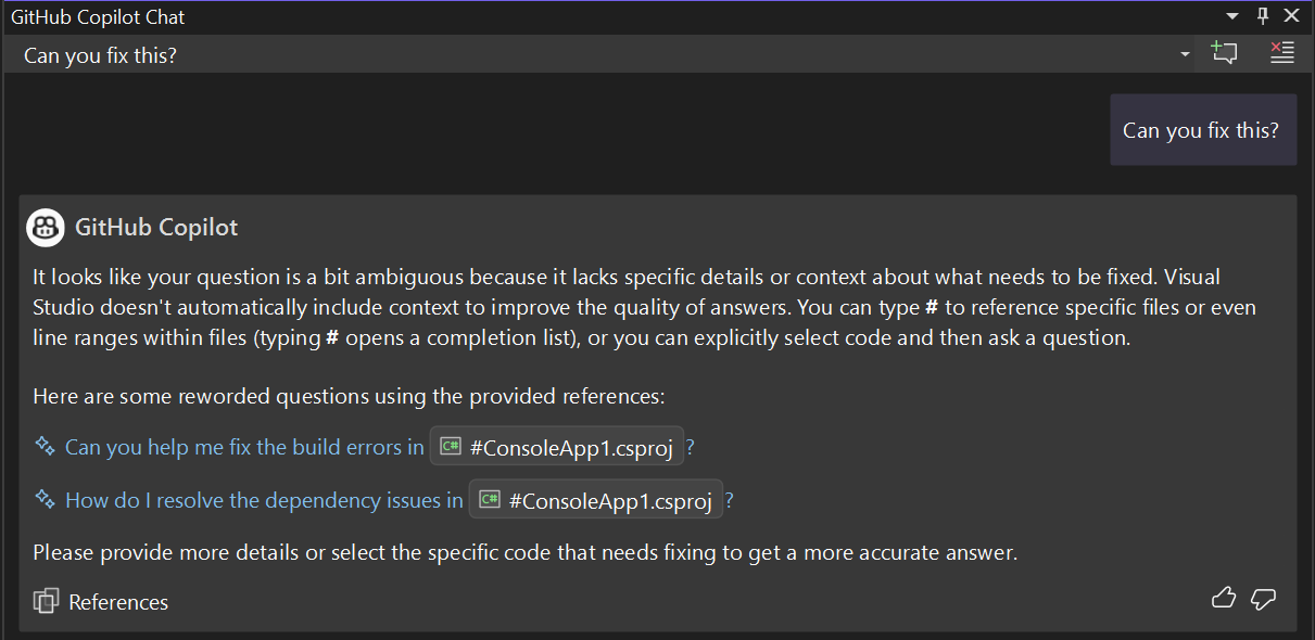 Screenshot der geführten Chaterfahrung mit GitHub Copilot Chat.
