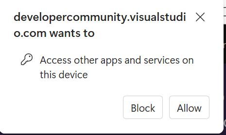 Screenshot des Browser-Popups, das Sie auffordert, Entwicklercommunity die Erlaubnis zu geben, auf andere Apps und Dienste zuzugreifen.