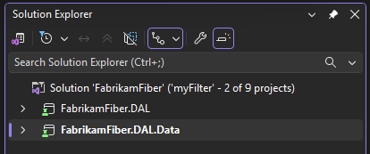 Screenshot einer Lösungsfilterdatei, die im Visual Studio Projektmappen-Explorer geöffnet ist.