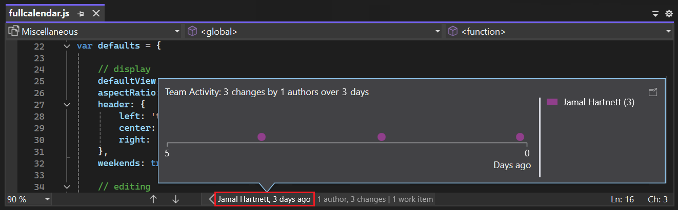 Screenshot mit Indikatoren auf Dateiebene für Teambeiträge in CodeLens für Visual Studio.