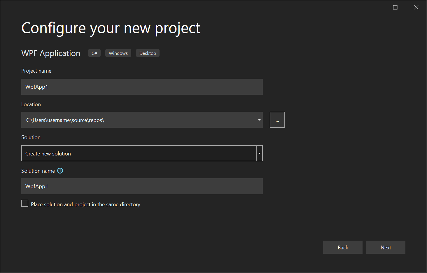 Screenshot des Dialogfelds „Neues Projekt konfigurieren“ in Visual Studio 2022