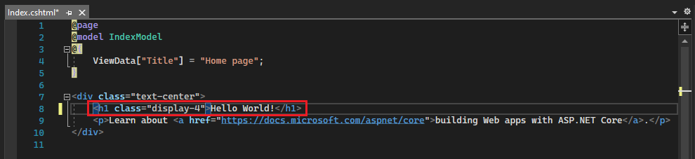 Screenshot shows the Index.cshtml file in the Visual Studio Code editor with the 'Welcome' text changed to 'Hello World!'.