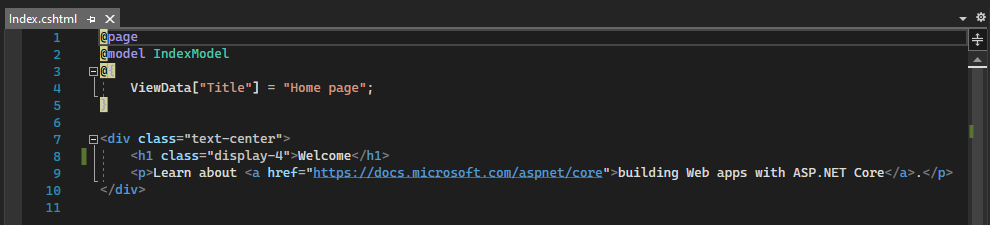 Screenshot shows the Index.cshtml file open in the Visual Studio Code editor.