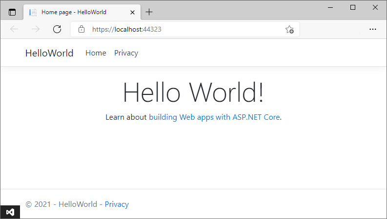 Screenshot shows the Home page for the web app in the browser window. The updated text says 'Hello World!'