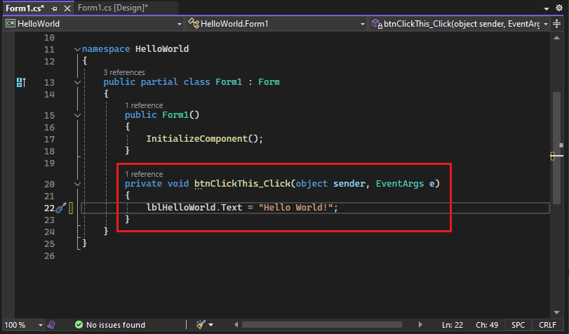 Screenshot: Hinzufügen von Code zum Formular