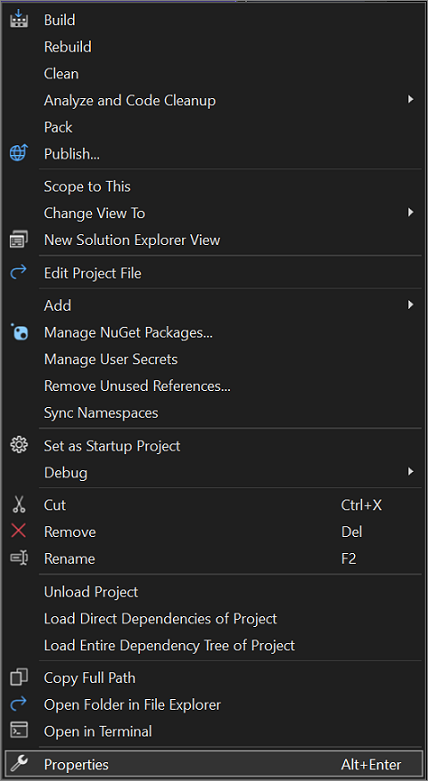 Screenshot of the Solution Explorer context menu with the Properties option highlighted.