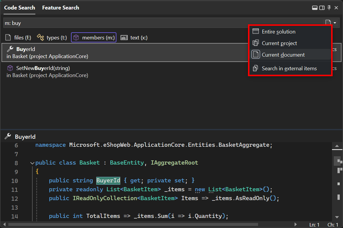 Screenshot der Codesuchbereichsoptionen.