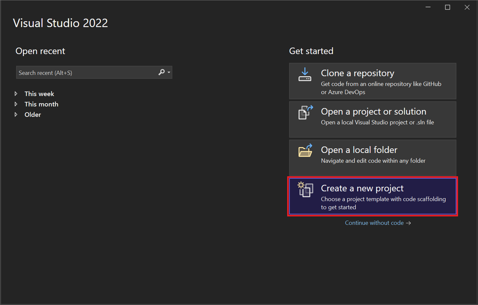 Screenshot shows the start window for Visual Studio. Create a new project option is highlighted.