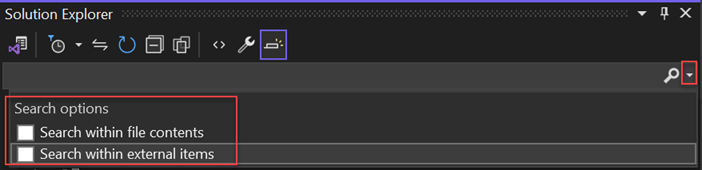 Screenshot der Suchleiste des Projektmappen-Explorers und der Suchoptionen in Visual Studio.
