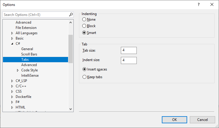 Optionen für C#-Text-Editorregisterkarten in Visual Studio