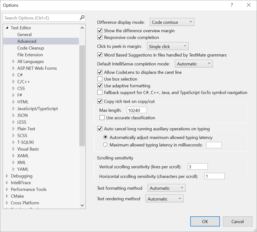 Screenshot of the Advanced settings for the text editor in the Options dialog box.